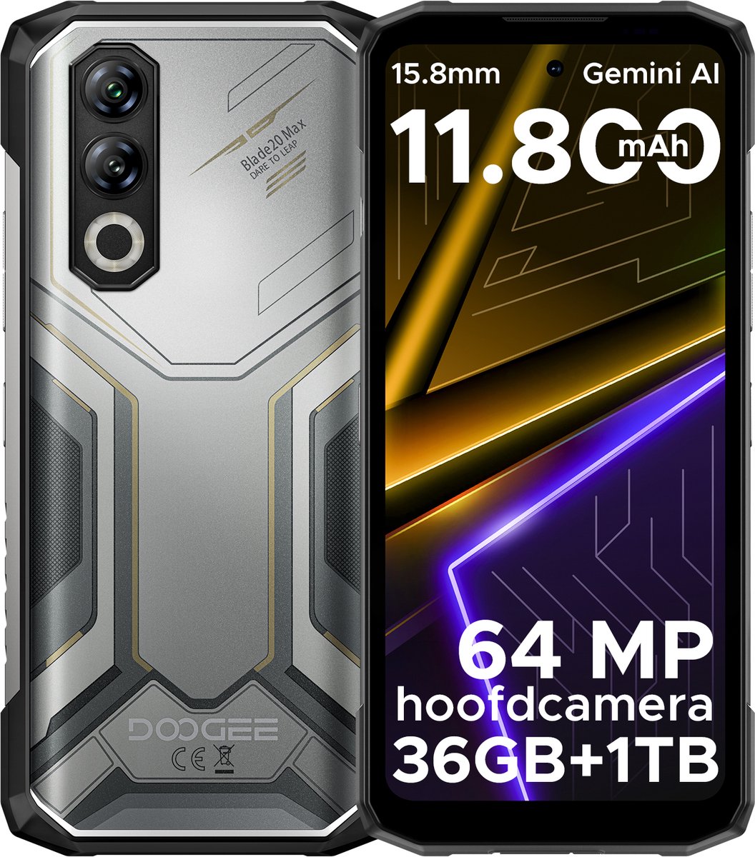 DOOGEE Blade 20 Max 4G - Robuuste Smartphone - Robuuste Telefoon - 36GB RAM + 1TB ROM /2TB TF - Helio G100 - 11800 mAh/ 33 W - 6,6 inch + 120 Hz - 3 kaartsleuven - 20MP Nachtzicht - Face ID - IP68 - Natuurlijk