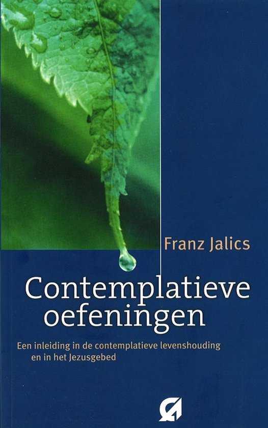 Boekomslag met een close-up van een groen blad met waterdruppels. Titel: Contemplatieve oefeningen.