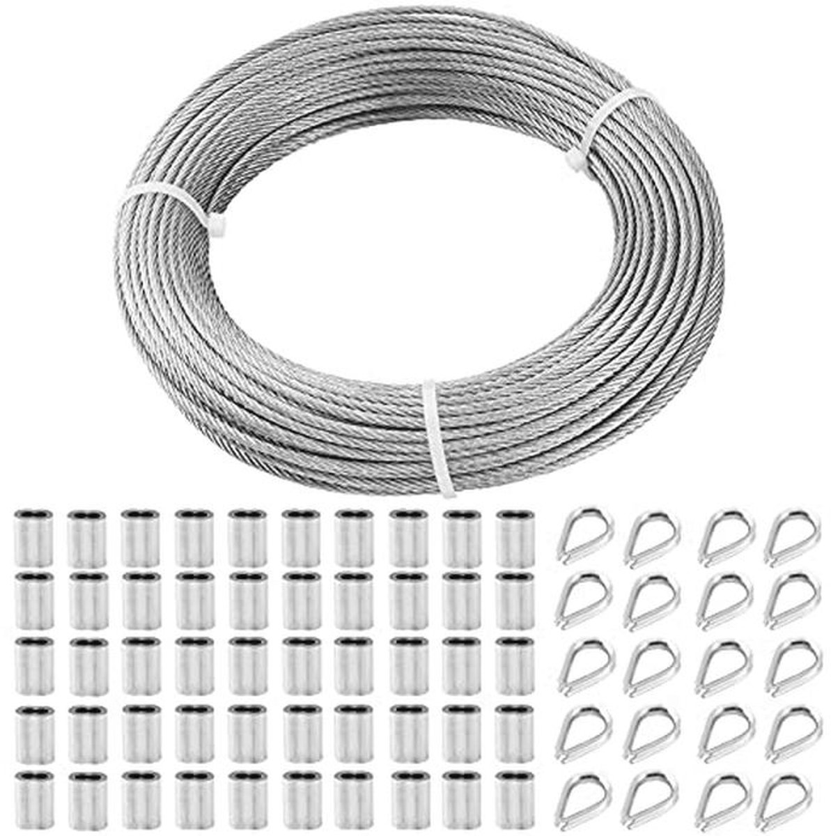 Roestvrij Stalen Kabel 3 mm - Duurzame Stalen Kabel met Oogjes en Aluminium Krimphulzen voor Buitentoepassingen