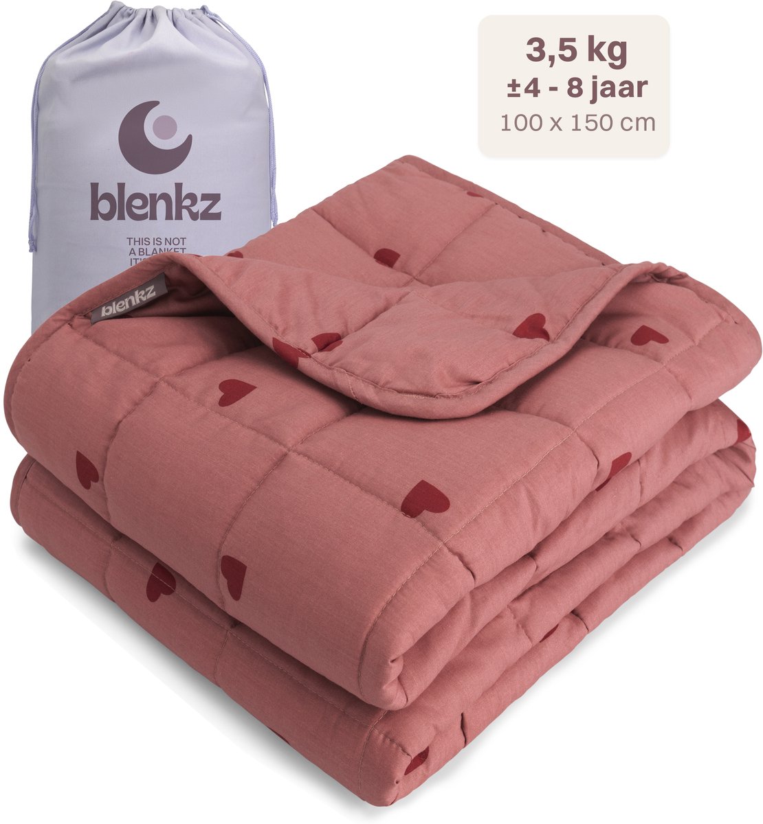 BLENKZ – Verzwaringsdeken Kind 3,5 kg – 100×150 cm – Kinderformaat – Voor kinderen van ±4–8 jaar – Hartjes Roze Rood – Zwaartedeken