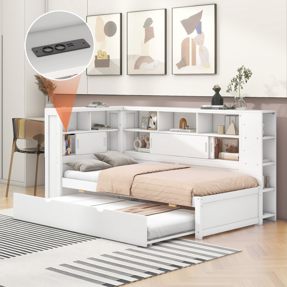 Merax Kinderbed 90x200 cm (90x190 cm) - met uitschuifbaar bed - slaapbank met opbergruimte en USB - wit - zonder matras