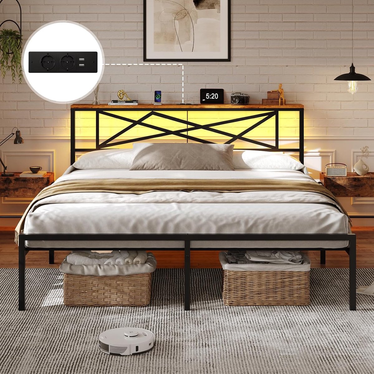 Modern Metalen Tweepersoonsbed 180x200 cm – LED-verlichting, USB-oplaadstation, Houten Hoofdeinde, Met Lattenbodem en 32 cm Opbergruimte Onder Bed – Stijlvol & Stevig Slaapkamerbed