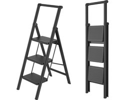 Opvouwbare Trapladder 3 Treden – Huishoudtrap met Brede Antislip Treden (30×20 cm), Stabiel & Belastbaar tot 250 kg – met Leuning – Zwart
