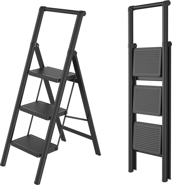 Opvouwbare Trapladder 3 Treden – Huishoudtrap met Brede Antislip Treden (30×20 cm), Stabiel & Belastbaar tot 250 kg – met Leuning – Zwart