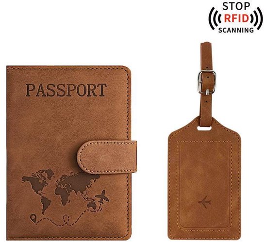 Étui pour passeport avec étiquette à bagages - unisexe - convient pour passeport, carte de crédit et documents de voyage - Marron