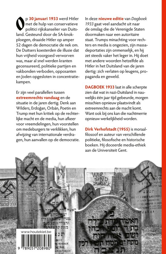 Pagina uit een boek met tekst en foto's van oude grafstenen met Hebreeuwse inscripties. Op de achtergrond de tekst 'WIR SIND ZURUCK'.