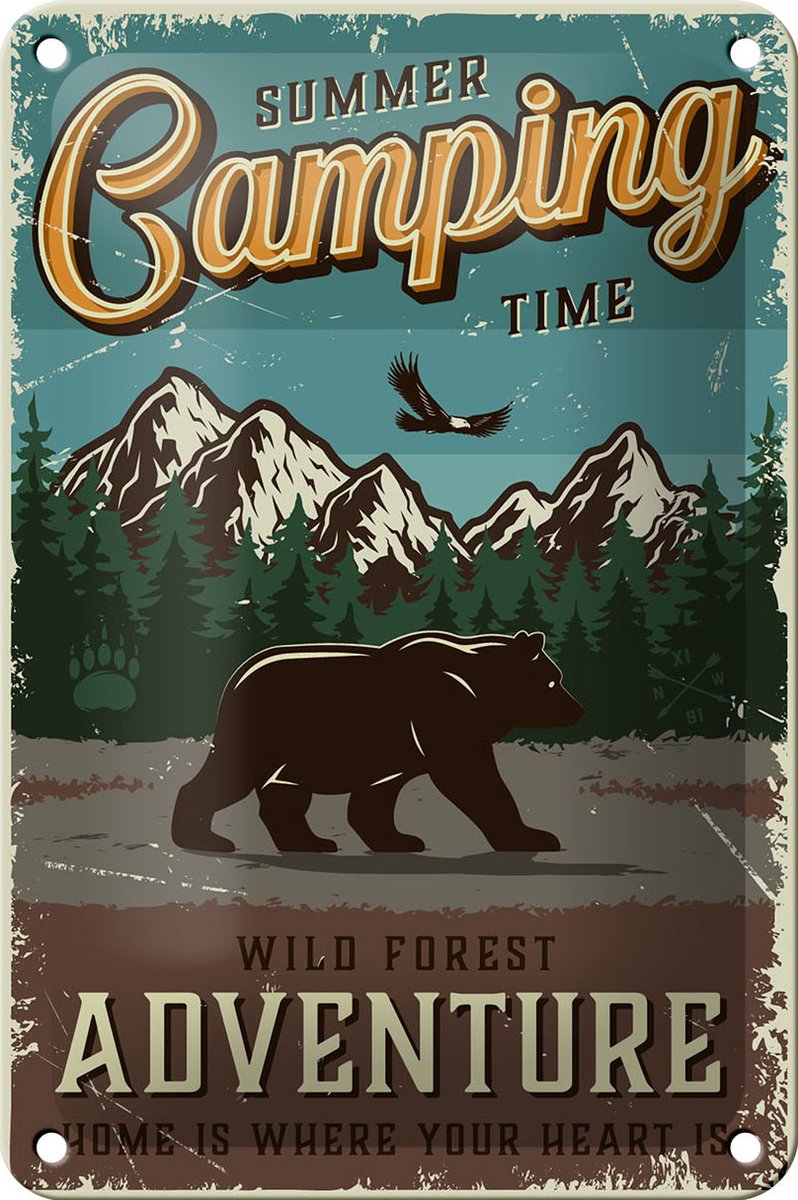 Blechschild Retro 12x18cm Summer Camping Time wild Forest