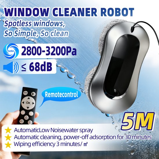 Robot Lave-Vitres 6500 Pa Ultra Puissant - Double Buse Aspiration, Télécommande, 3 Modes Intelligents, Anti-Chute 30 Min