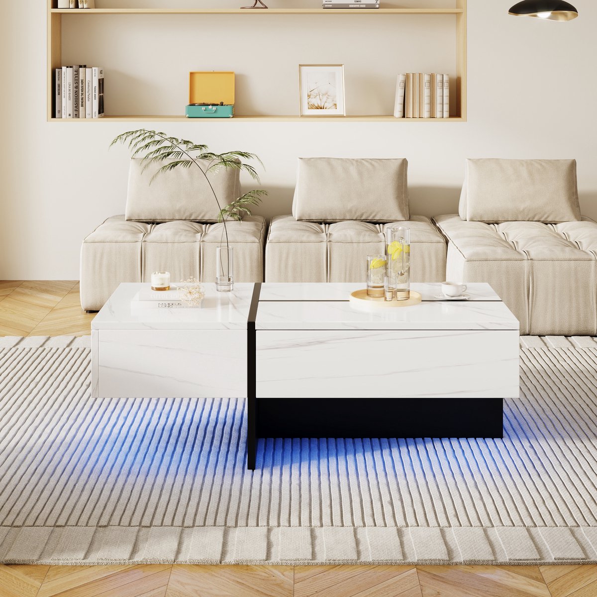 MODFU Hoogglans Salontafel, Wit Marmerimitatie en Zwarte Structuur, 100x50x34,5 cm, met App-Gestuurde LED-Verlichting