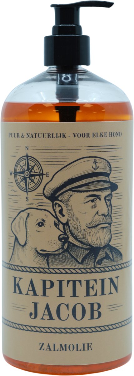Kapitein Jacob Zalmolie voor Hond - 1 Liter - 100% Natuurlijke Noorse Zalmolie - Rijk aan Omega 3, 6 & 9 - Zalmolie Hond