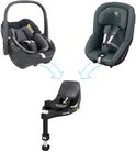 Maxi-Cosi FamilyFix 360 base met autostoel en Pebble 360 autostoel met pijlen die de verbinding aangeven.