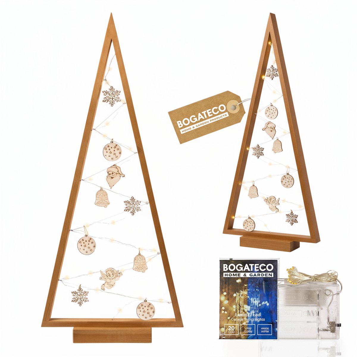 BOGATECO houten kerstboom met LED 104cm hoog | Inclusief houten decoratie | Kerstversiering | 100 LED's | Lichtbruin