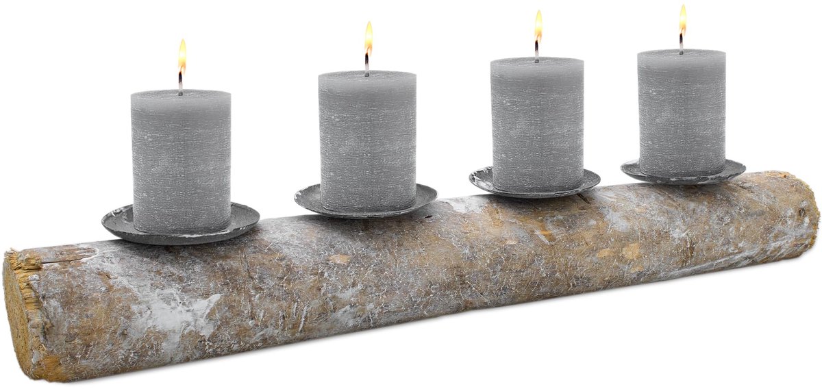 Unyqoos Rustieke adventskandelaar van hout met metalen houders voor stompkaarsen Grijs