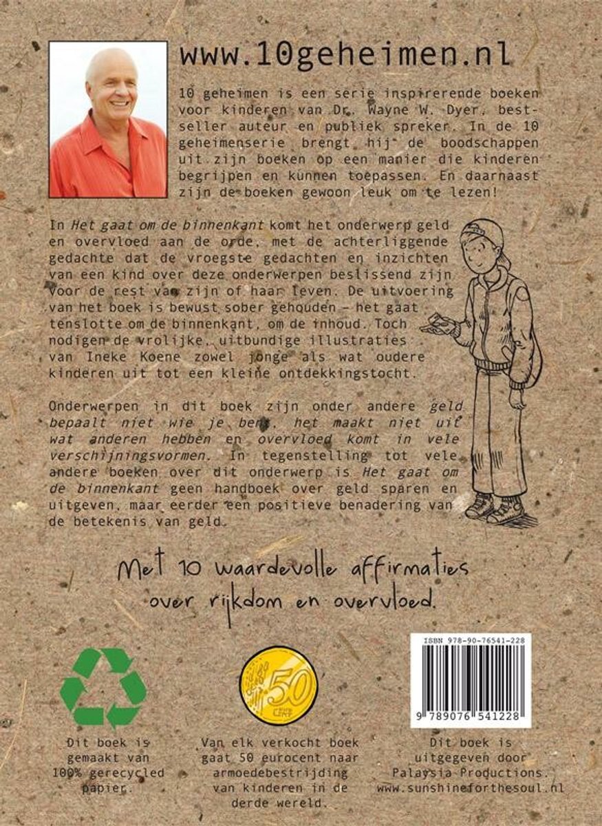 Een boek met de tekst 10 geheimen over geld en overvloed. Een man en vrouw staan naast de titel. Op de achtergrond een stapel munten.