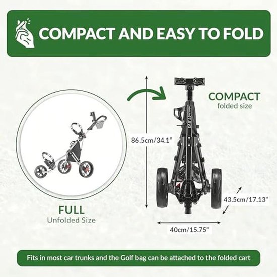 Lichtgewicht Golf Push Cart met 3 Wielen - Eenvoudig Op te Vouwen en Compact van Merkloos — afbeelding 3