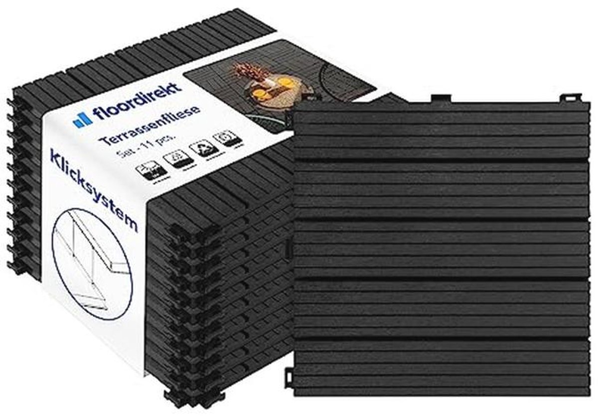 Floordirekt Claire Tiles 30 x 30 cm, 1 m² = 11 Deck Tiles, Click Tiles, Wood Look Balcony Tiles, Floor Covering for Balcony and Patio, Weatherproof, with Drainage Function, Grey
