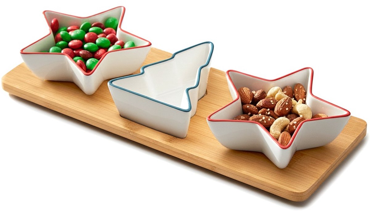 Snackkommen Porselein op Dienblad 4 delig - Snackkom - Dipschalen - Set - Kleine Komen voor Dipsauzen en Snacks