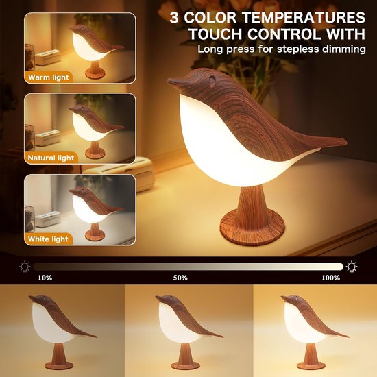 Houtkleur bureaulamp - vogel lamp met 3 kleurtemperatuur en aanraaksensor - draadloze kinderlamp met oplaadbare batterij - voor slaapkamer, nachtkastje, nachtkastje, auto decoratieve verlichting — afbeelding 3