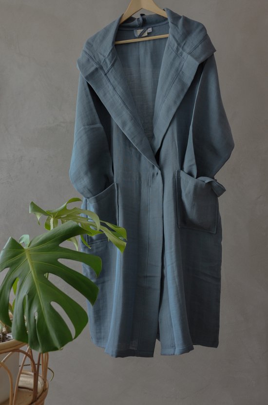 Ederlezi - Dunne Spa Badjas/Ochtendjas met Capuchon- Mousseline - %100Katoen - Blauw - L/XL