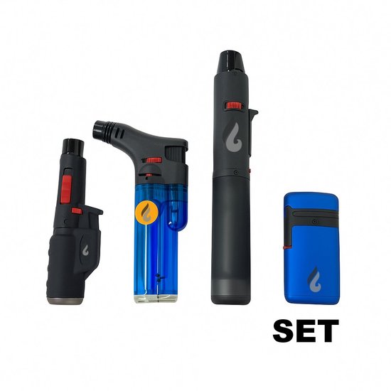 Pyroshopping Stormaansteker Set – Turbovlam Blauw – Windproof & Navulbaar – Gasbrander Aansteker voor BBQ, Vuurkorf & Vuurwerk– Kleuren Variëren