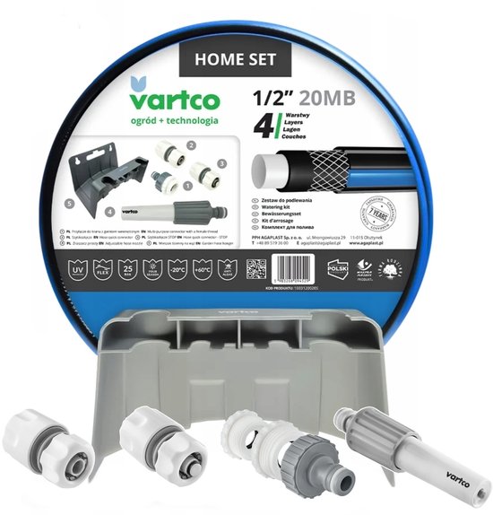 Vartco Home Set verpakking met slang, koppelingen, sproeier en muurbeugel.