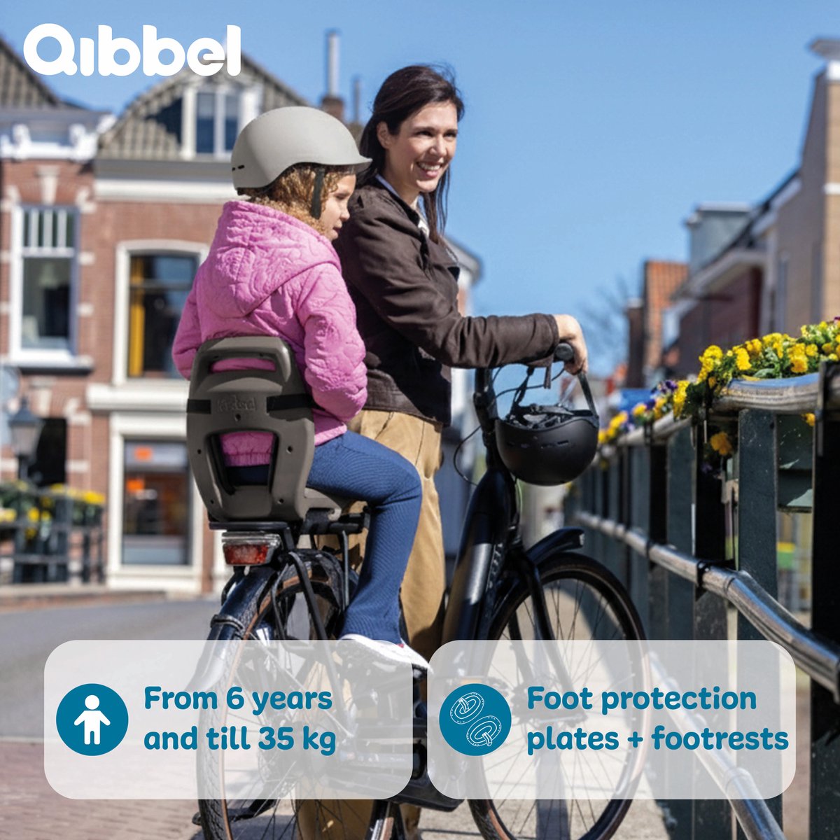 Qibbel Junior 6+ Fietsstoeltje Achter Bagagedrager bevestiging - QuickConnect - Fietszitje – Hazel Brown - inclusief voetbeschermingsplaten en voetsteunen thumbnail 2