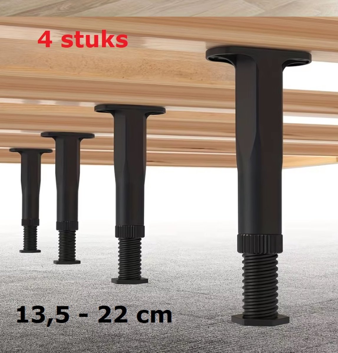 4 stuks verstelbare Bedsteunen - 13,5cm - 22cm - Keuken stelpoten - meubelpoten - kastpoten - zwart - incl. schroeven