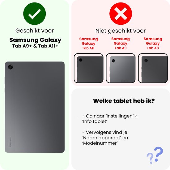 Étui pour tablette noir compatible avec le Samsung Galaxy Tab A9+ & Tab A11+, avec image du dos d'une tablette Samsung.