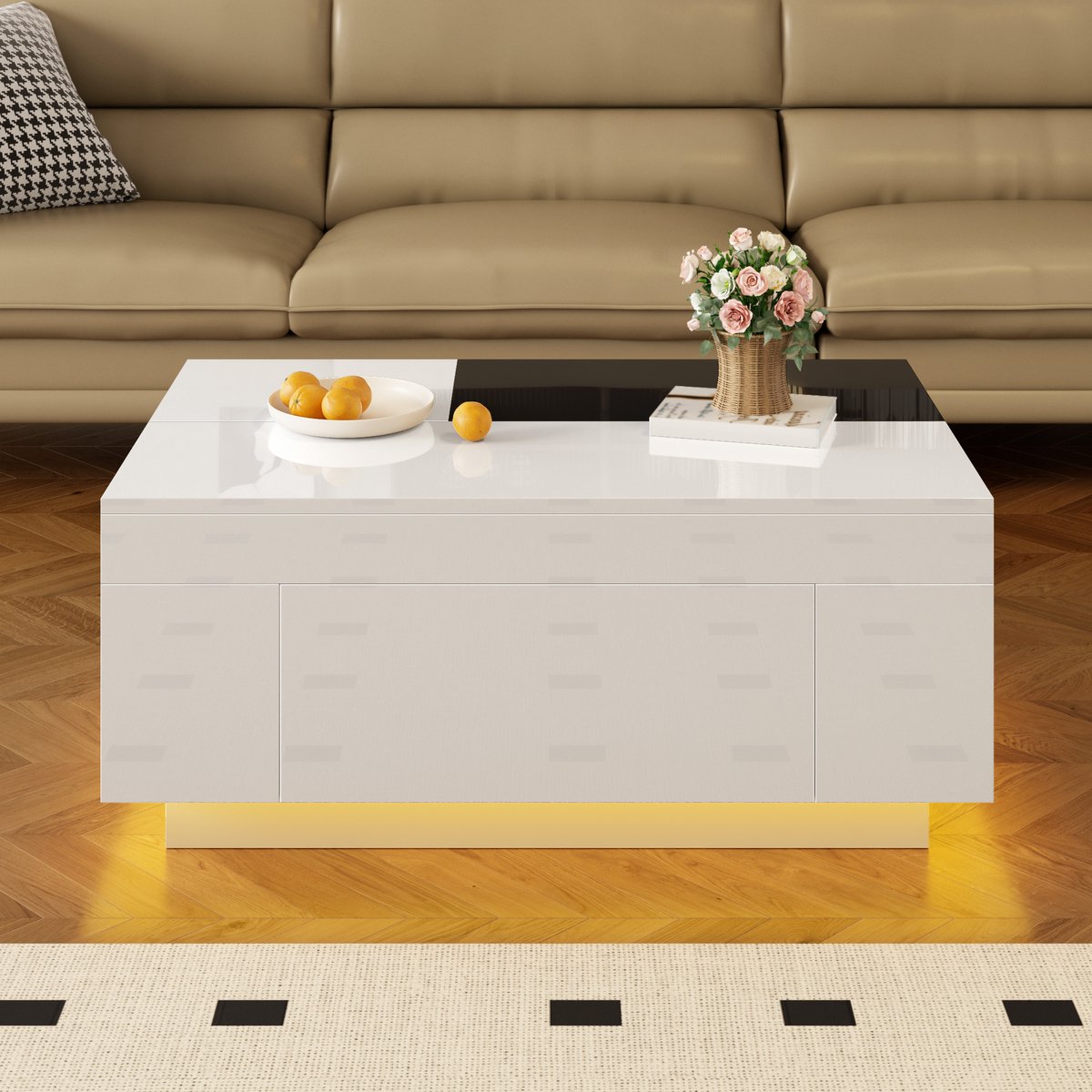 MODFU Hoge-glans salontafel met LED-verlichting, zwart-wit, uitschuifbaar, verborgen opbergruimte, 16 instelbare kleuren Zwart + Wit
