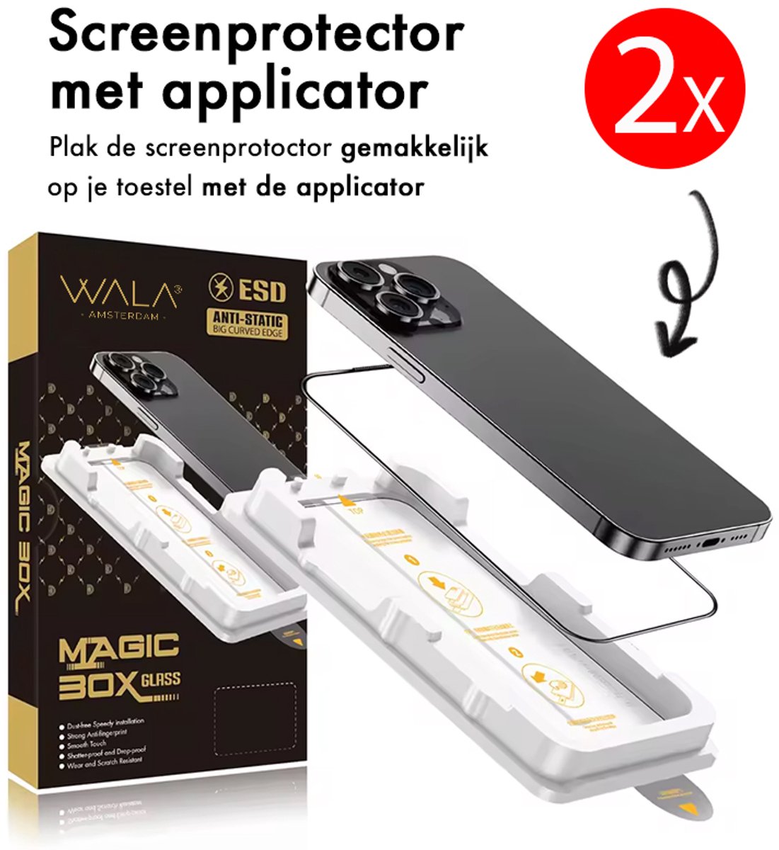 WALA AMSTERDAM® Premium Screenprotector - iPhone 16 - 9H Extra Gehard Glas - Inclusief Installatietool - Complete bescherming voor iPhone 16 - 2 Pack