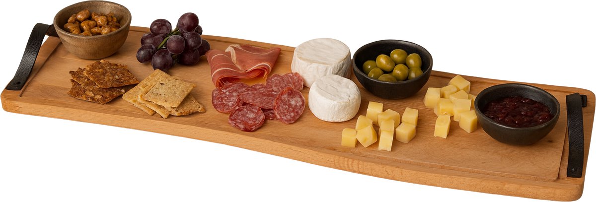 WoodWorks XXL Houten Borrelplank 80 cm – Massief Beukenhout – Met Leren Handvatten – Serveerplank voor Hapjes, Tapas & Borrel – Luxe Lange Plank