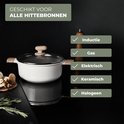 Casserole blanche avec couvercle en verre et poignées en bois. Convient pour induction, gaz, électrique, céramique et halogène.