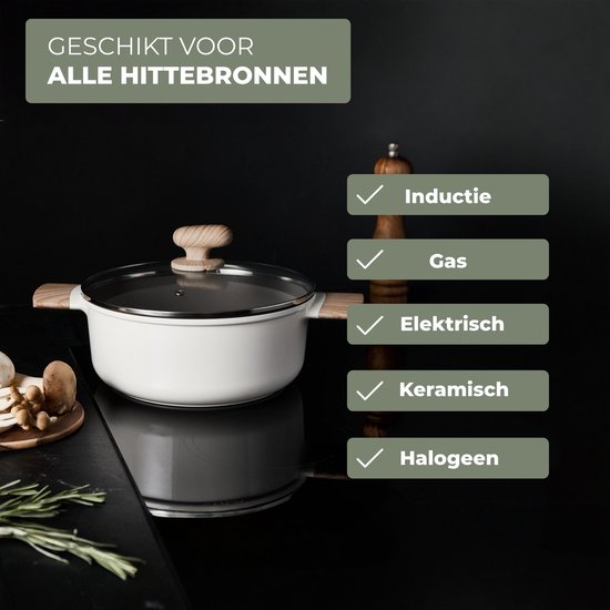Casserole blanche avec couvercle en verre et poignées en bois. Convient pour induction, gaz, électrique, céramique et halogène.