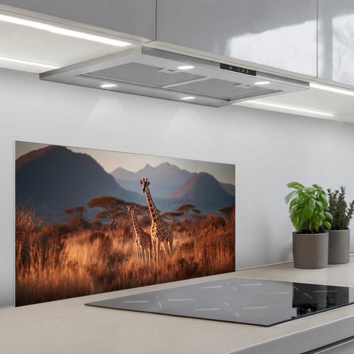 Spatscherm 80x40 cm - Zelfklevende achterwand Giraffen - Hoog gras - Acaciabomen - Keuken muurbeschermer - Spatwand fornuis