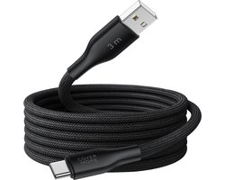 Usb C kabel - 3 meter - Usb A naar usb C - Geschikt voor android smartphone en tablet - Oplaadkabel - Datakabel - Lang - Stevig - Nylon - Zwart