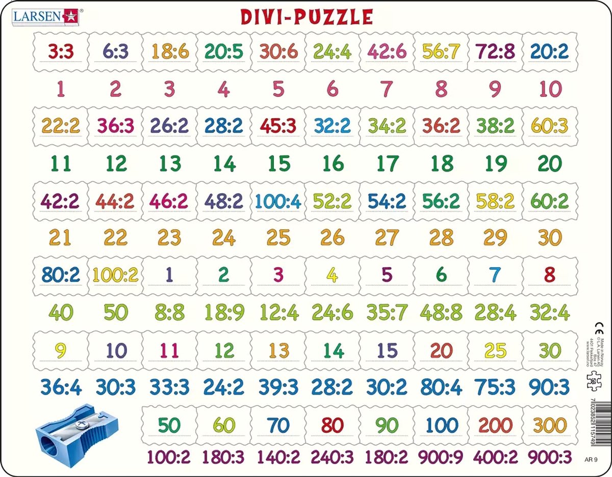 Larsen delen - puzzel - leren rekenen - delen - educatieve legpuzzel voor kinderen - 58 stukjes - gemaakt in noorwegen - extra dikke 2,5 mm stukjes - tray met vaste rand