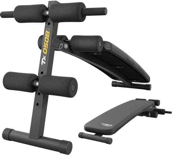 Zwart trainingsbank frame met schuimrolkussens en een verstelbare, zwarte zitting.