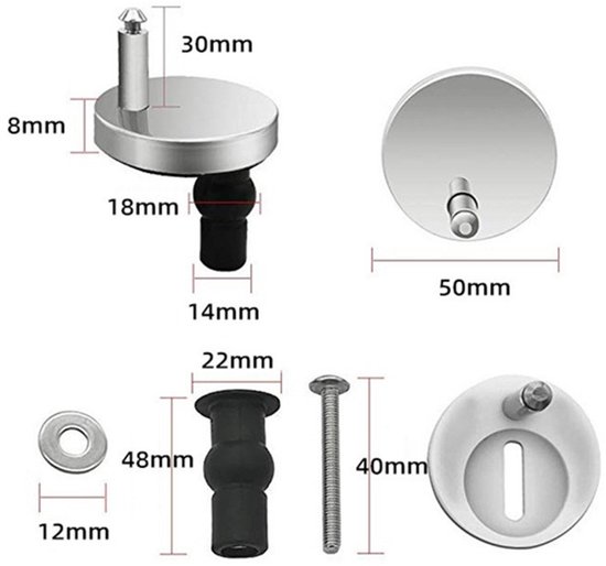 Afmetingen van toiletbril scharnieronderdelen, inclusief schroef, plug en dop.