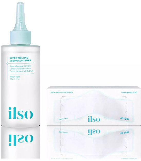 ILSO Super Melting Sebum Softener fles met lichtblauwe dop en een stapel ILSO Skin Wrap Cotton Pads.