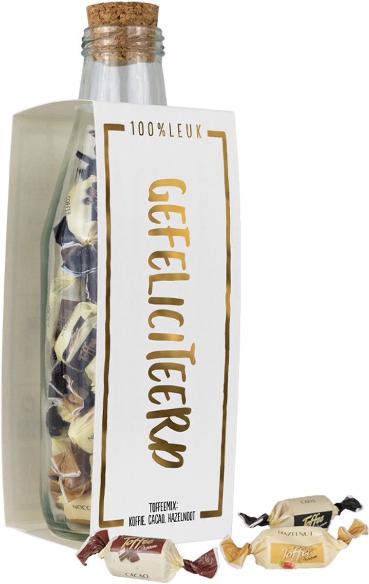 100%LEUK - Momenten fles - Gefeliciteerd - Toffee - Wit