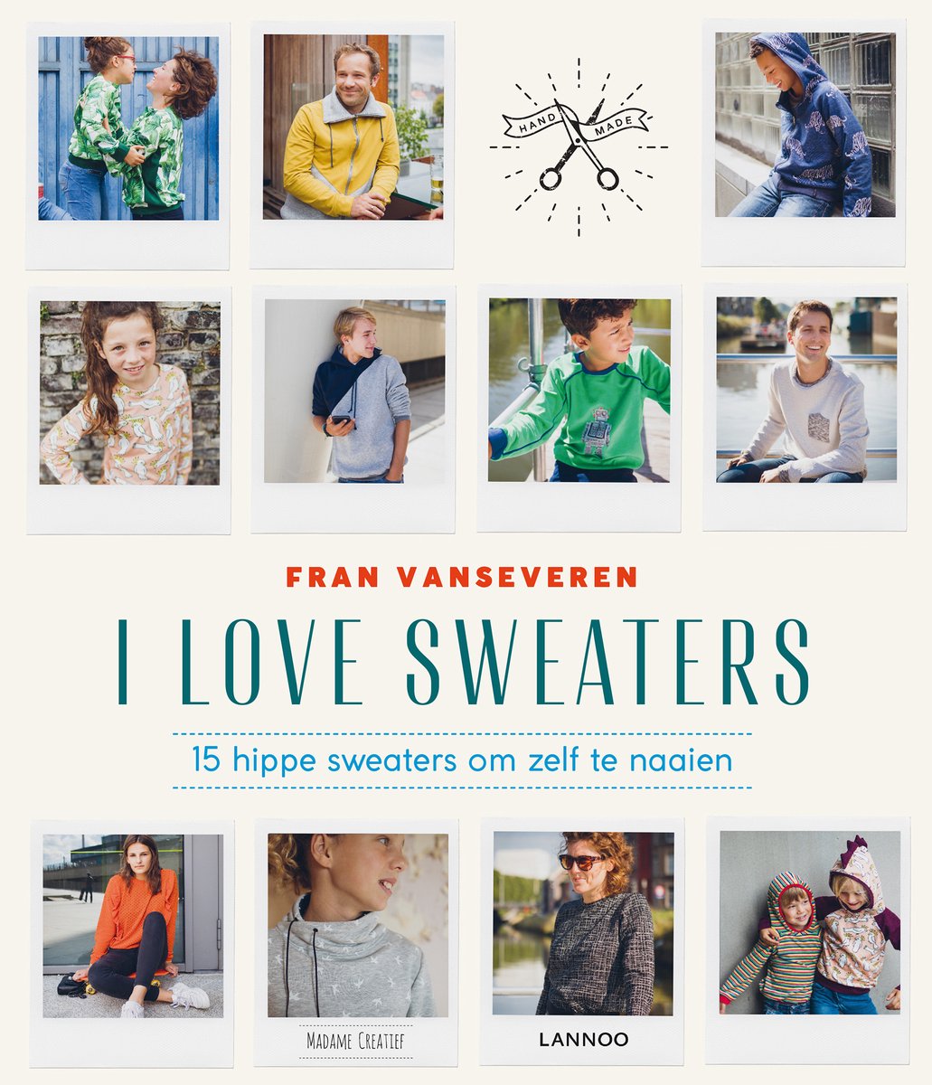 Twee vrouwen knuffelen, gekleed in groene truien. Een jongen met gele trui. Een meisje in bloemenprint trui. Een jongen met grijze trui. Een jongen met groene trui. Een jongen met lichtblauwe trui. Twee kinderen met dino capuchontruien.