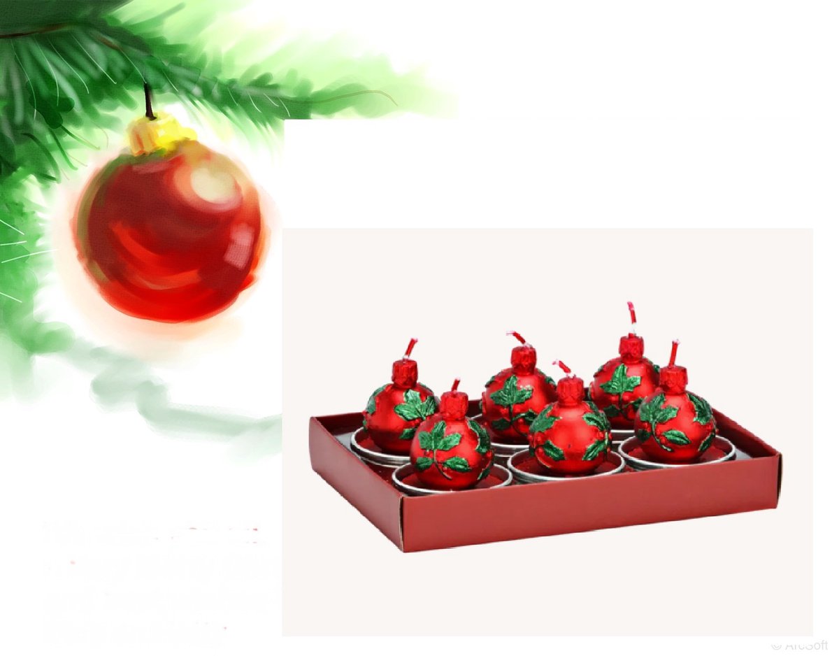 Theelicht set kerstbal - 4x5x4cm - gemaakt van was - set van 6 - rood met groen-