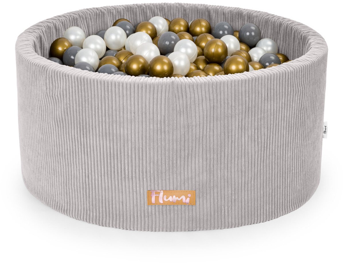 Ballenbak voor baby’s en peuters, gepersonaliseerd rond 90x40 cm – Schuimen ballenbad met 200 gekleurde ballen Ø7 cm – Sensorisch speelgoed – Grijze ribfluweel, gouden, grijze en parelmoerkleurige ballen