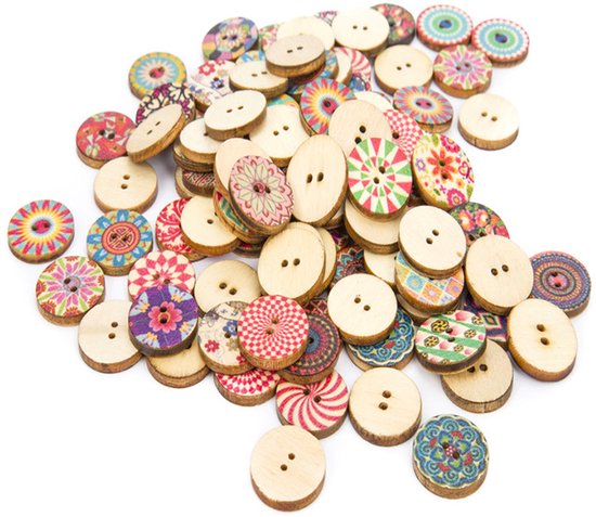 200 stuks houten knopen, gemengde kleurrijke vintage ronde knutselknop 15 mm met 2 gaten, knopen voor knutselen, naaien, vesten, kleding, decoratie, doe -het-zelf