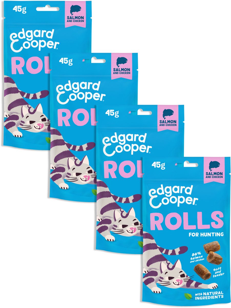 Edgard Cooper natuurlijke kattensnoepjes, Rolls Zalm 4 x 45g, graanvrij en boordevol vers vlees, met toegevoegde kattenkruid om mee te spelen, natuurlijke ingrediënten zonder toegevoegde suiker
