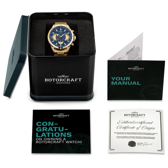Rotorcraft horloge in verpakking met handleiding en certificaat.