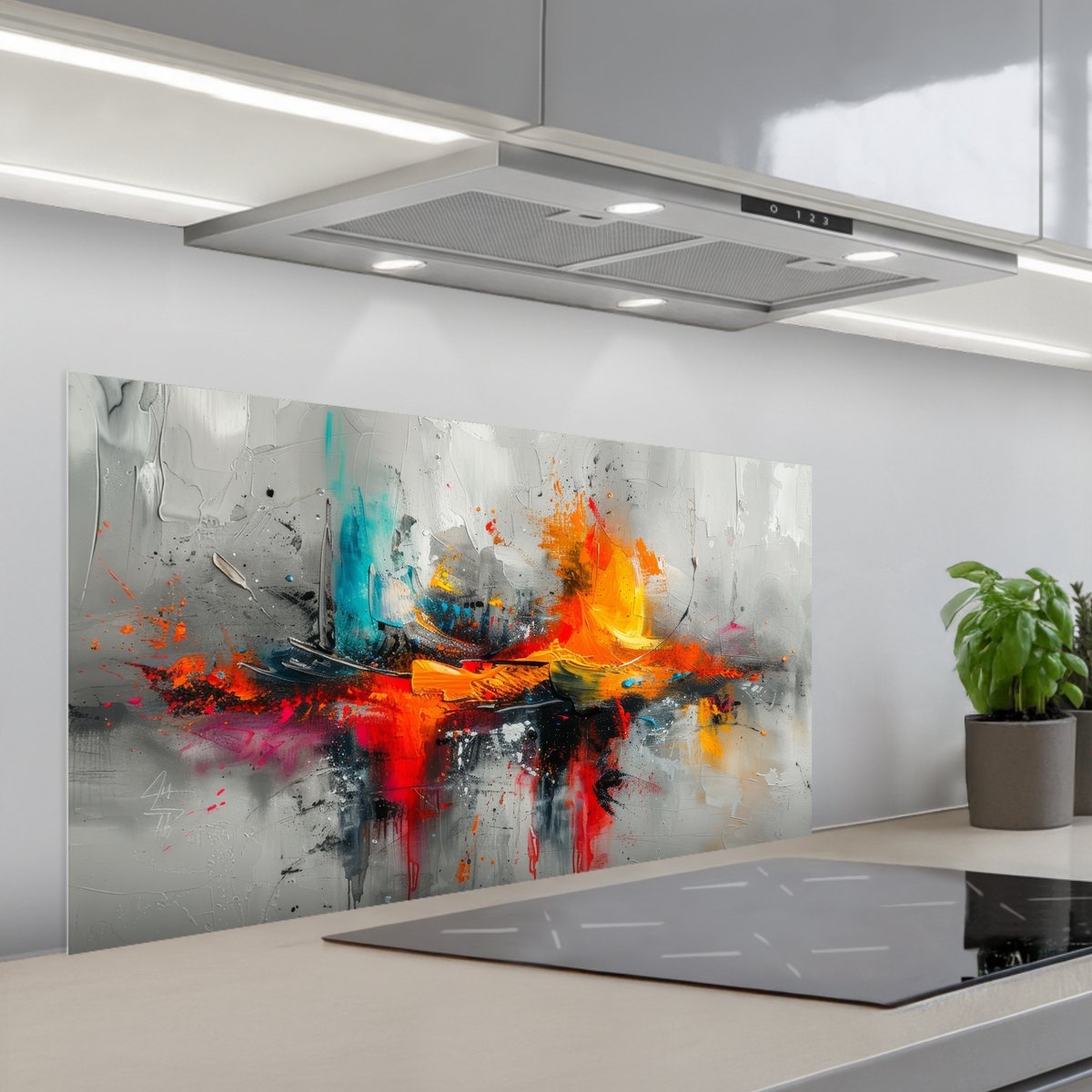 KitchenYeah Spatscherm 100x50 cm Zelfklevende achterwand Modern Oranje Grijs Kunst Keuken muurbeschermer Spatwand fornuis