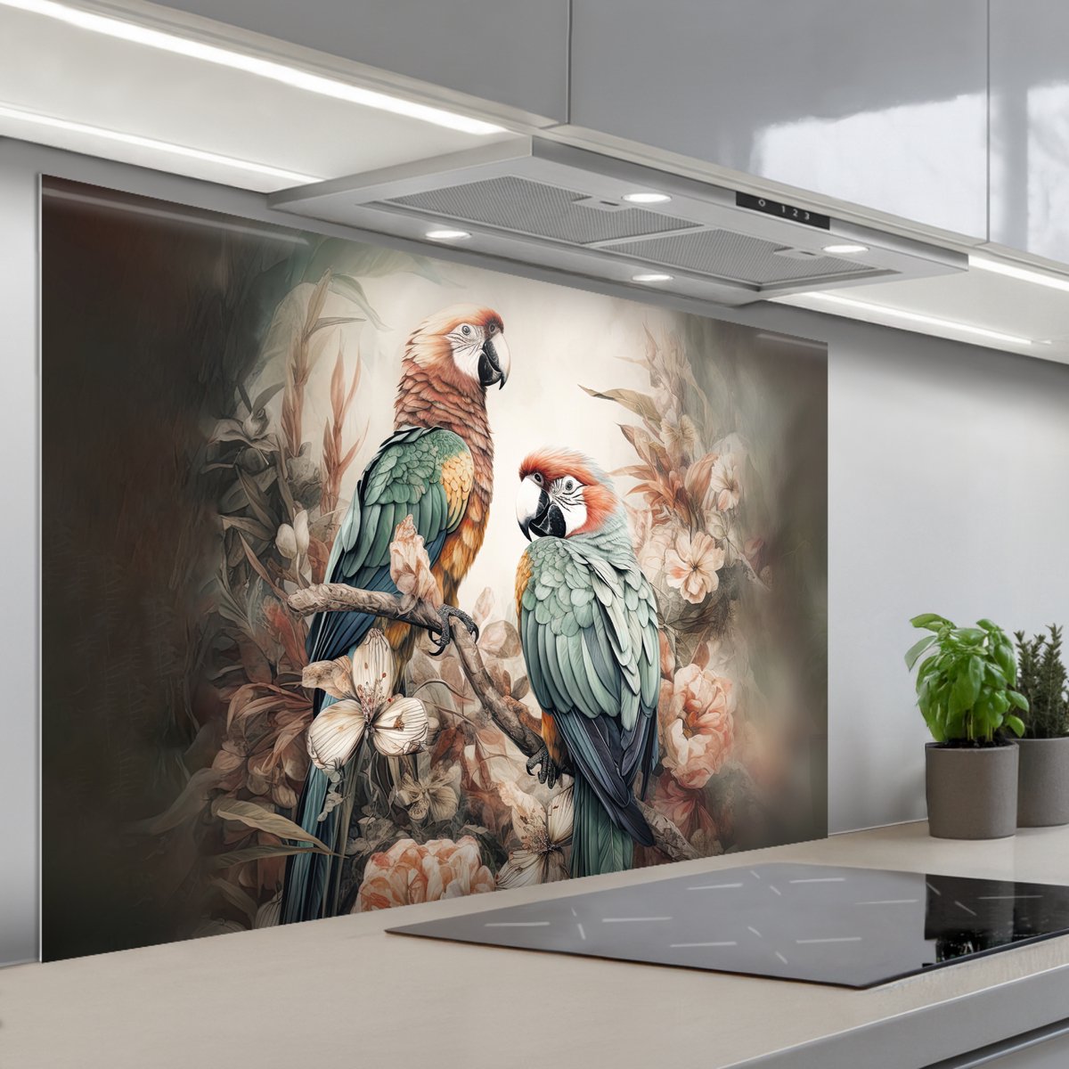 KitchenYeah Spatscherm 120x80 cm Zelfklevende achterwand Papegaaien Vogels Natuur Bloemen Keuken muurbeschermer Spatwand fornuis