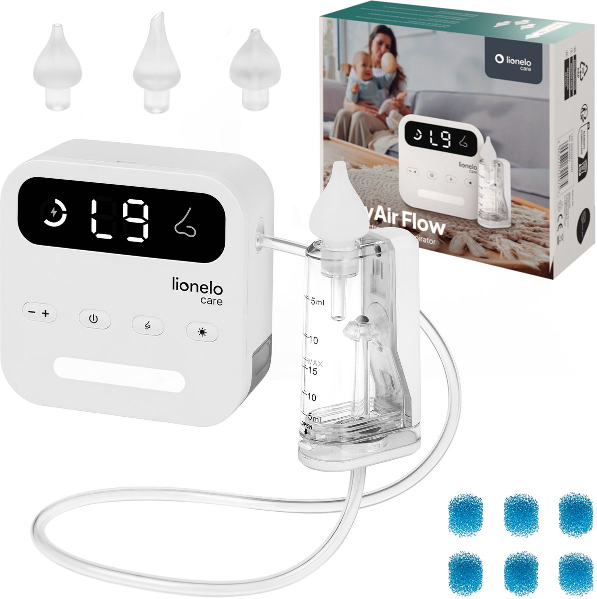Lionelo Care BabyAir – Neusreiniger Baby – Krachtige Neuszuiger: 65 kPa – Zuigkracht 7,5 l/min – Draadloos: 1500 mAh – LED Nachtlicht – 9 Zuigstanden – 3x Zachte Siliconen Tips – USB-C – Elektrische Neuspeer / Aspirator – Neusdouche