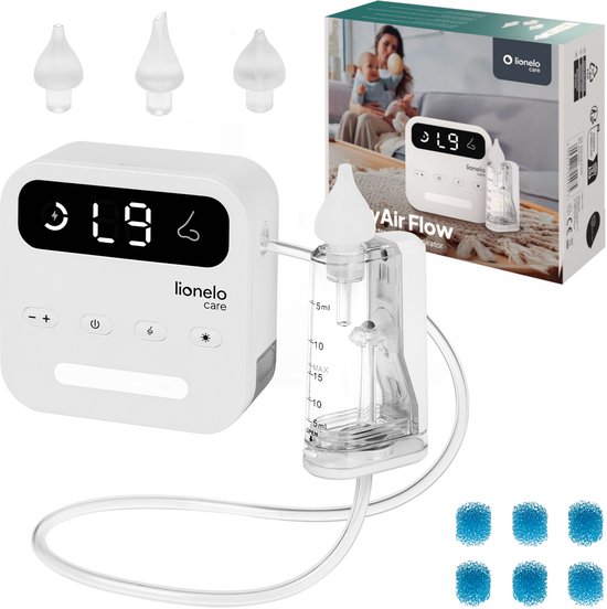 Lionelo Care BabyAir – Neusreiniger Baby – Krachtige Neuszuiger: 65 kPa – Zuigkracht 7,5 l/min – Draadloos: 1500 mAh – LED Nachtlicht – 9 Zuigstanden – 3x Zachte Siliconen Tips – USB-C – Elektrische Neuspeer / Aspirator – Neusdouche